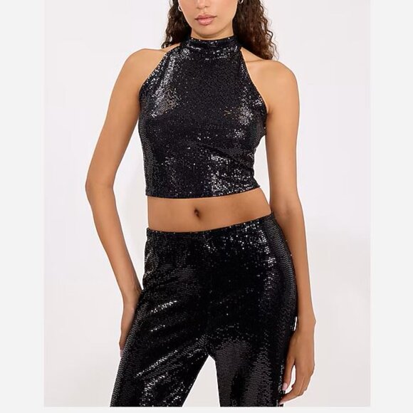 Express Dot Sequin Halter Neck Cropped Tank Black Size Small, Large, XL NWT - Picture 4 of 13